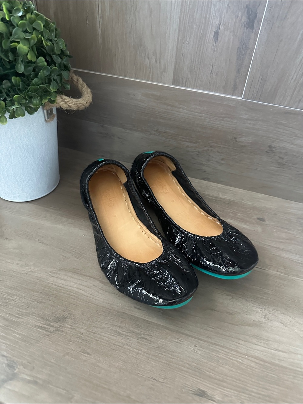 Tieks Black Patent Flats with Teal Soles